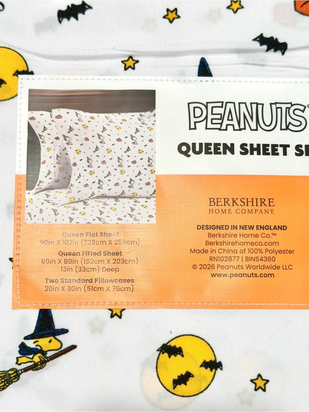 🎃Peanuts Halloween Snoopy Woodstock Witch Broomstick Moon Stars Queen Sheet Set